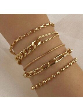 Gold 5pc Chain Bracelet Set